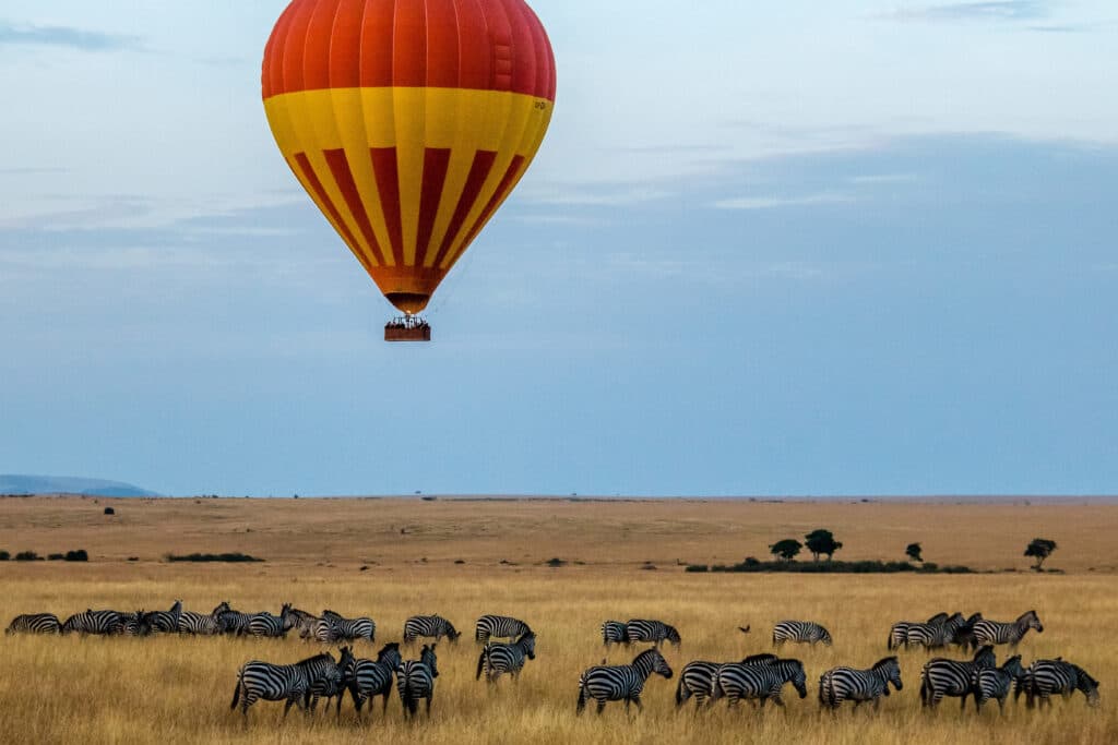 Hot-air balloon flying above a zebra herd on open savannah