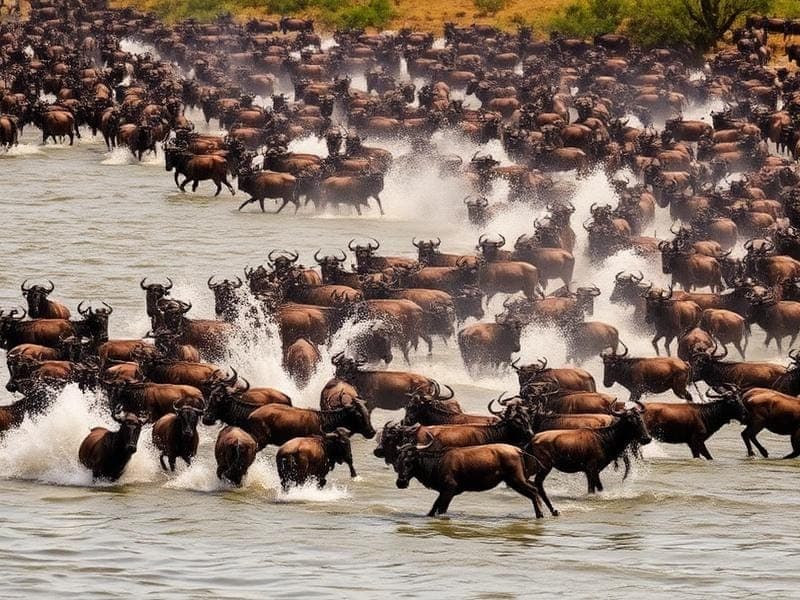 Wildebeest moving across open East African grassland