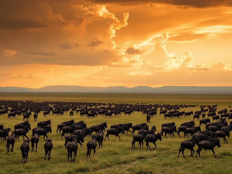 Wildlife on the open Serengeti plains in Tanzania