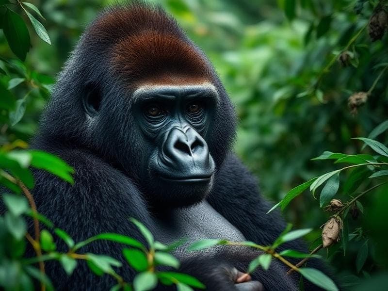 Mountain gorilla in a green forest habitat